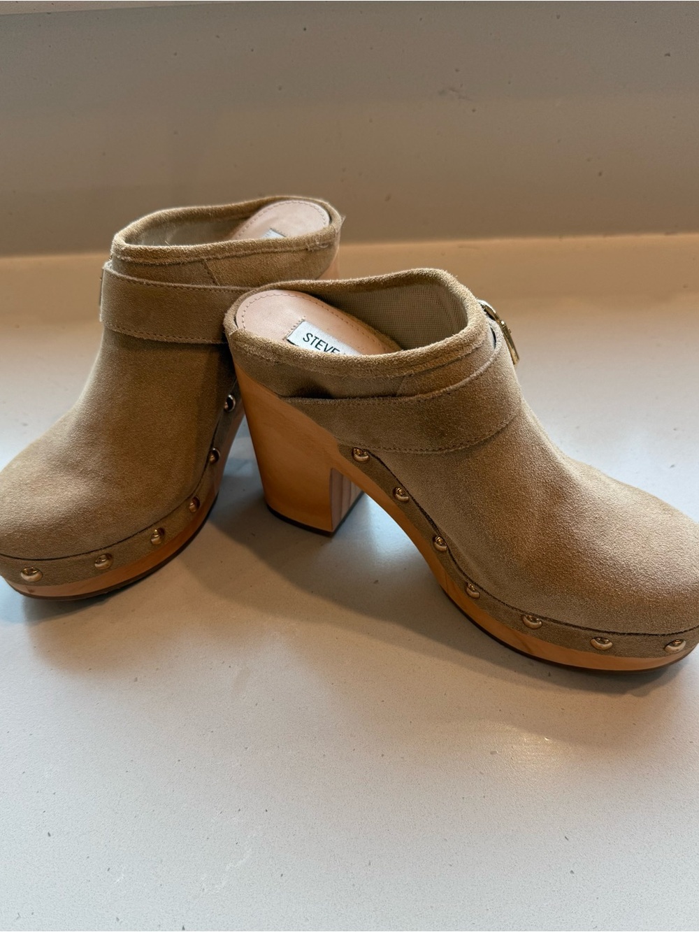 Steve Madden Beige Suede Studded Wooden Platform Clogs